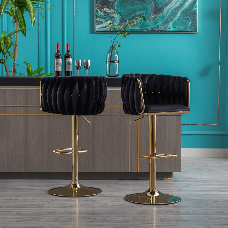 Set of 2 Bar Stools, with Chrome Footrest and Base Swivel Height Adjustable Mechanical Lifting Velvet + Golden Leg Simple Bar Stool-Black