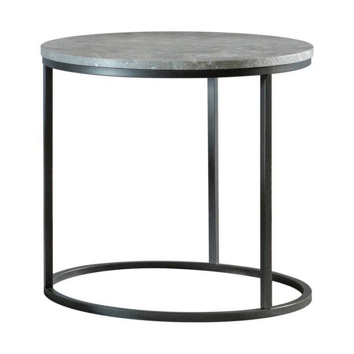 End Table with Textured Round Faux Marble Top, Gray-Benzara