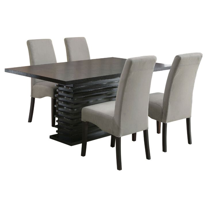 Tela 5pc Dining Table and 4 Chairs Set, Black Pedestal Base, Gray - Benzara
