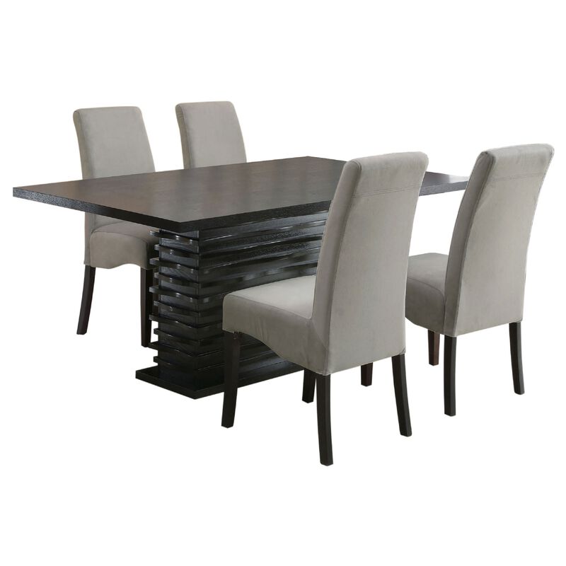 Tela 5pc Dining Table and 4 Chairs Set, Black Pedestal Base, Gray - Benzara