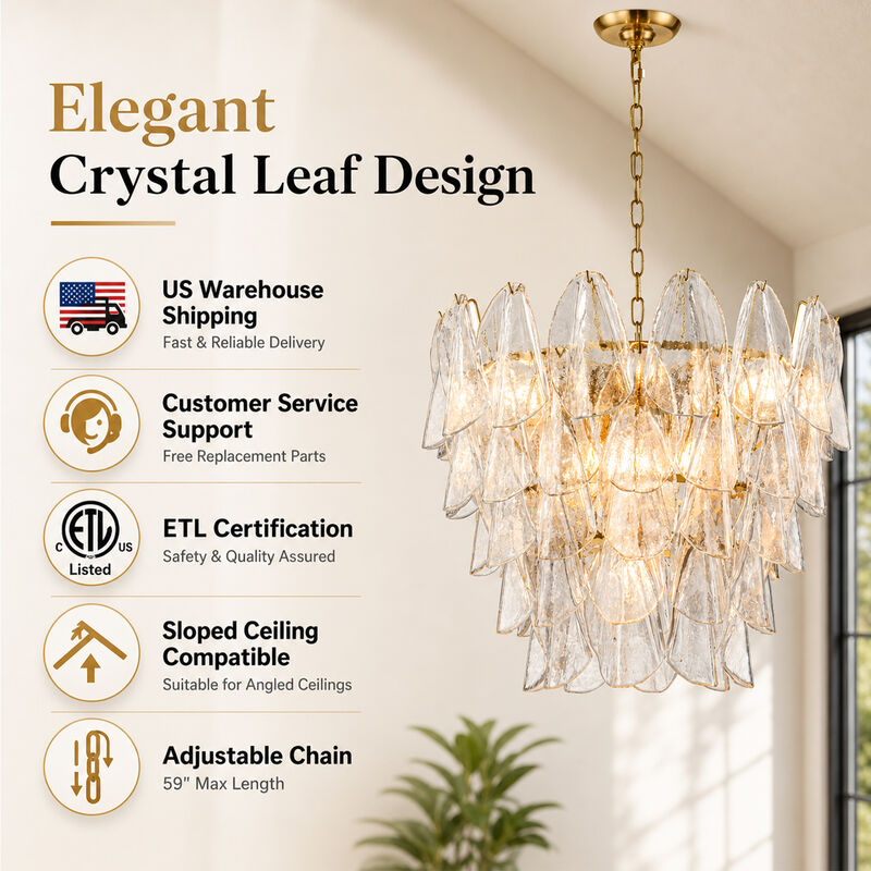 Mid-Century Modern Warm Brass Tiered Glass Chandelier for Dining Room and Entryway image number 3