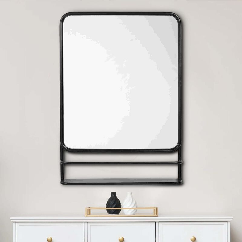 Accent Mirror with Sleek Metal Frame and Shelf, Black-Benzara