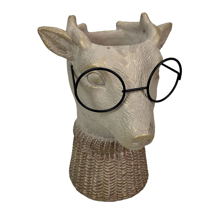 Bespectacled Deer Cement Vase 8.7" Gold Accents Knit Scarf Real Wire Glasses