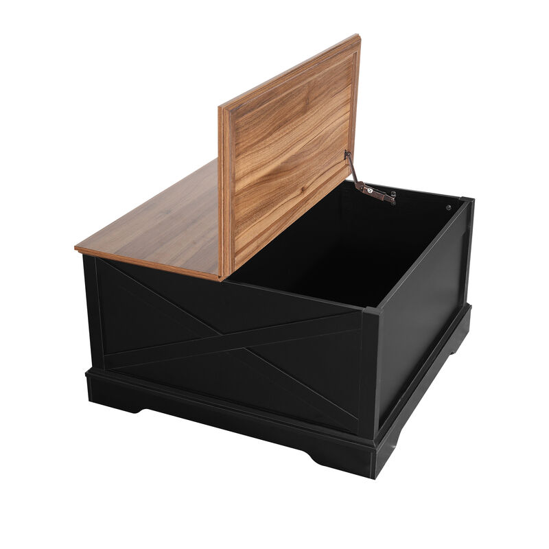 Modern 31.5" Black Dark Brown Wooden Farmhouse Square Coffee Table with Top Flip Cover and Sliding Barn Door Storage image number 7