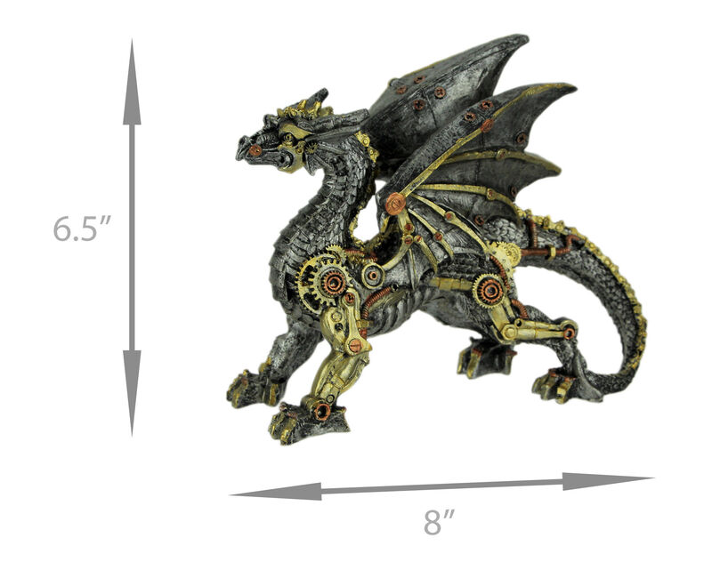 Metallic Silver and Gold Gothic Steampunk Dragon Statue image number 3