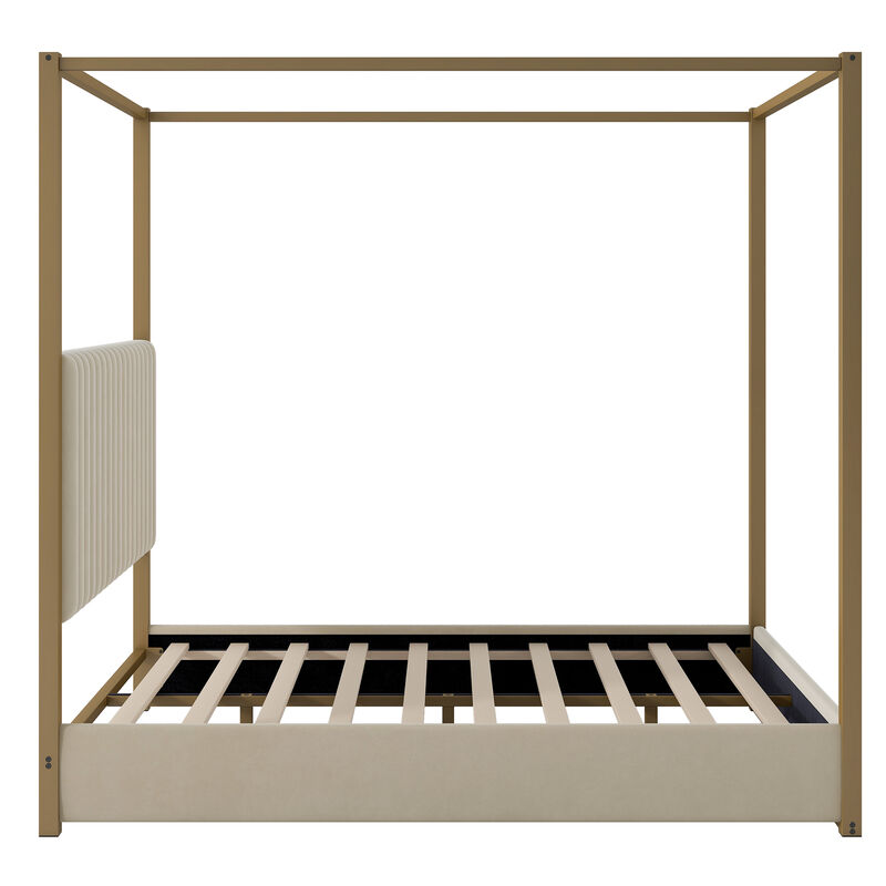 Whisen Queen Size Upholstery Canopy Platform Bed with Headboard and Metal Frame