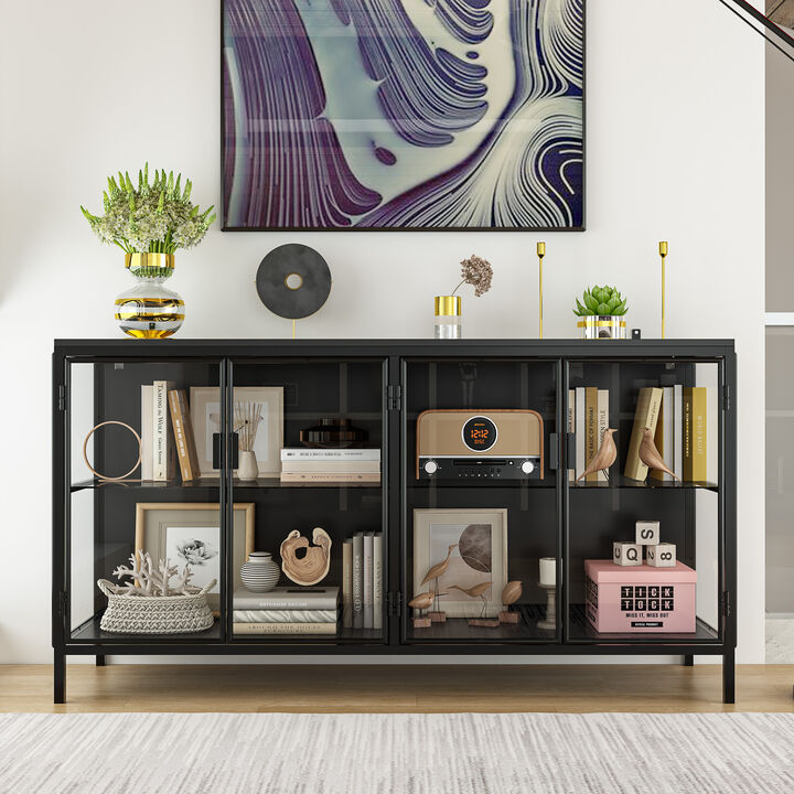 FUFU&GAGA Modern Glass Bookcase, Stylish & Durable Display Cabinet with Glass Doors for Living Room & Office,(55.1" W x 29.5" H x 15.7" D),Black
