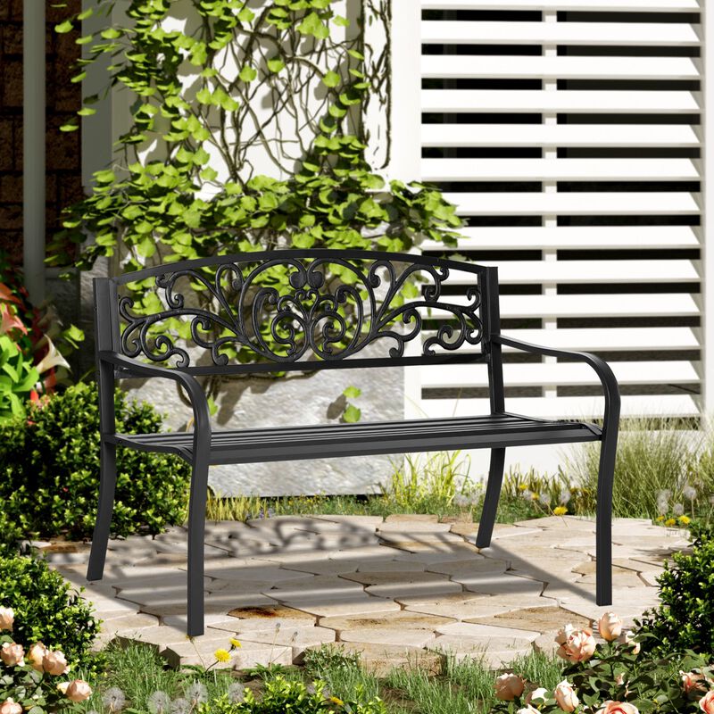50" Outdoor Bench, Metal Garden Bench With Floral Pattern Backrest, Porch Bench With Slatted Seat image number 2