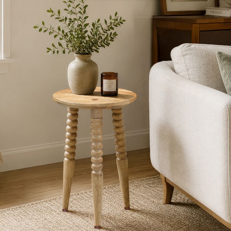 Geya Round Side Table, Tripod Spindle Legs, Natural Brown Mango Wood, 24 Inch High image number 7