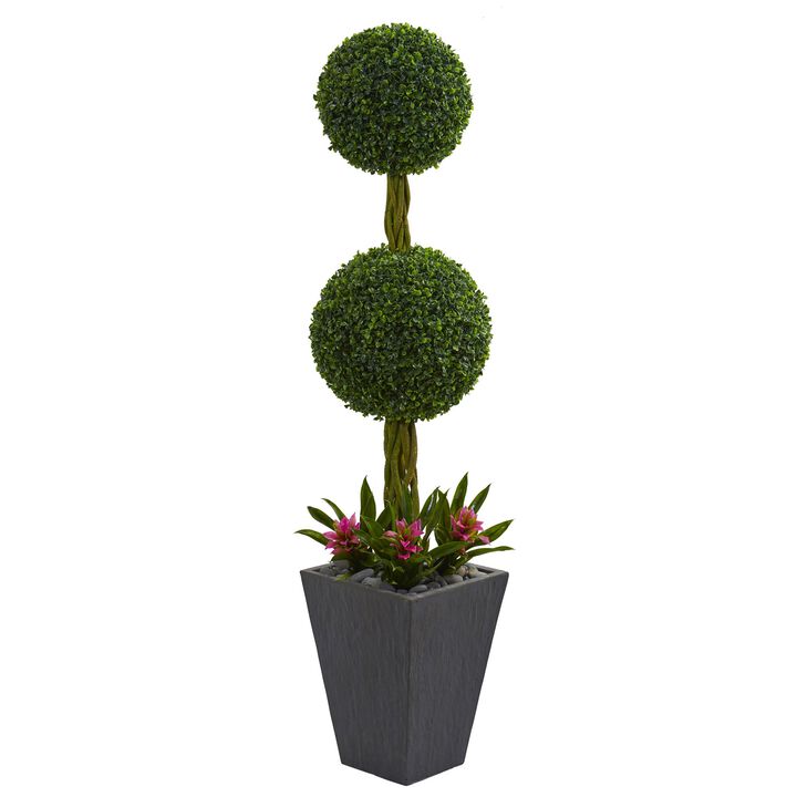 Hivvago 5 Feet Double Boxwood Ball Topiary Artificial Tree in Slate Planter UV Resistant (Indoor/Outdoor)