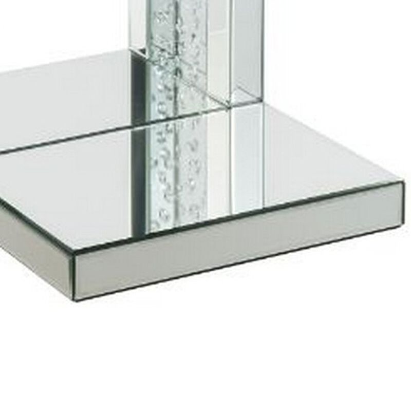 Mirrored Accent Table with C Shape and Faux Crystals, Silver-Benzara