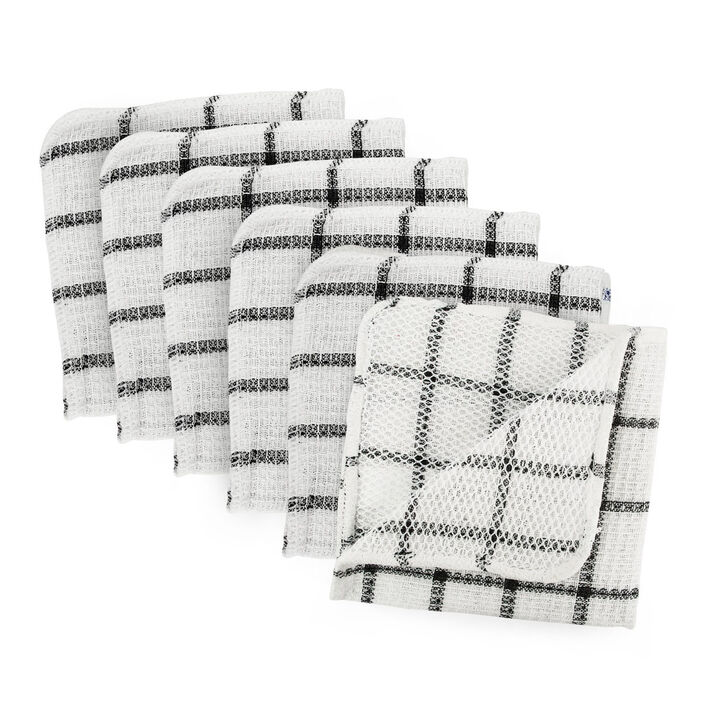 Set of 6 White and Black Square Microfiber Dishcloth 12"