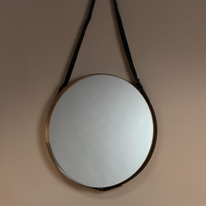 Round Steel Mirror, Antique Brass and Black Leather Strap