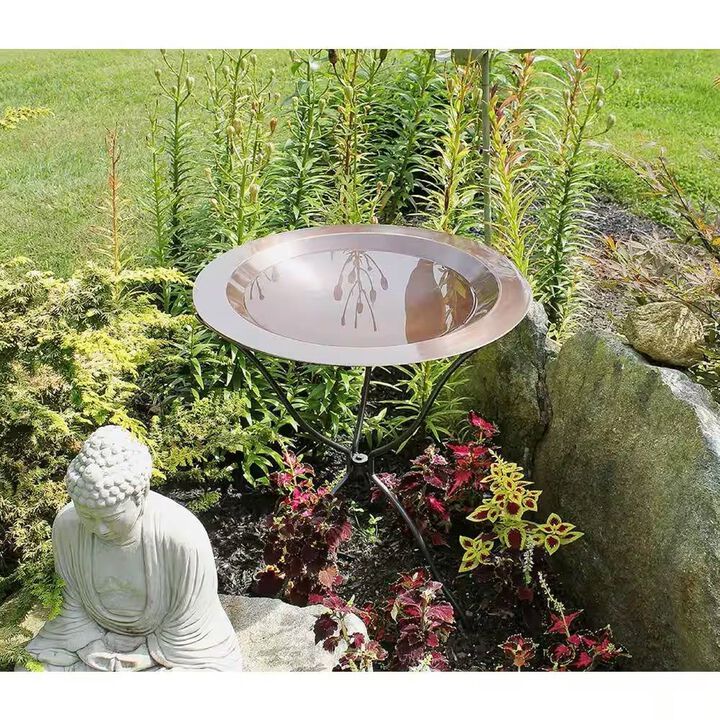 Large Round Copper Plated Brass Bird Bath with Rimmed Bowl Design