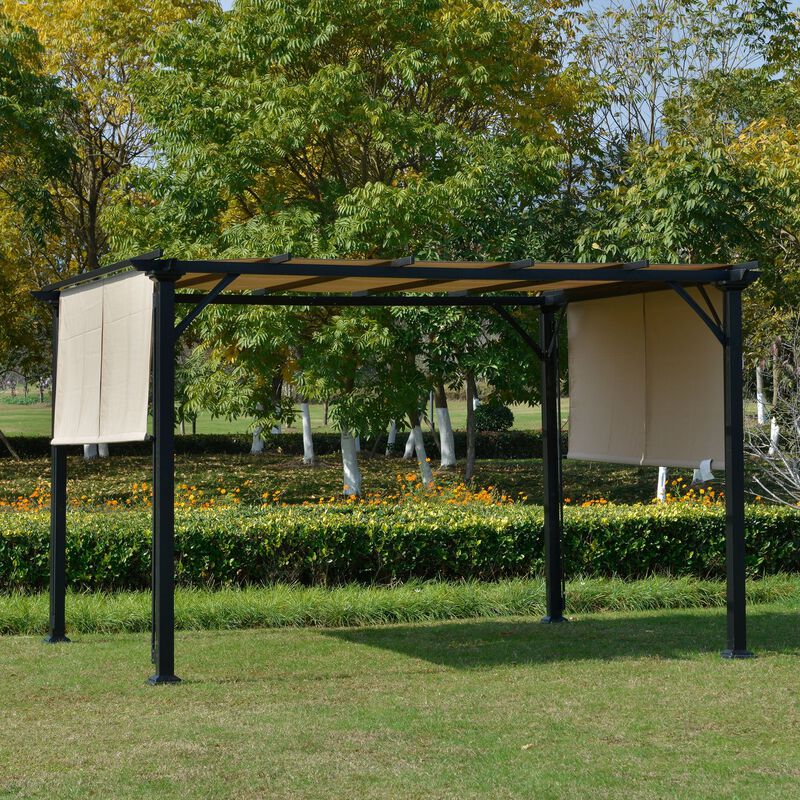 12' x 10' Outdoor Retractable Pergola Canopy with Sun Shade Unique Design Canopy Patio Metal Shelter for Garden Porch Beach, Beige