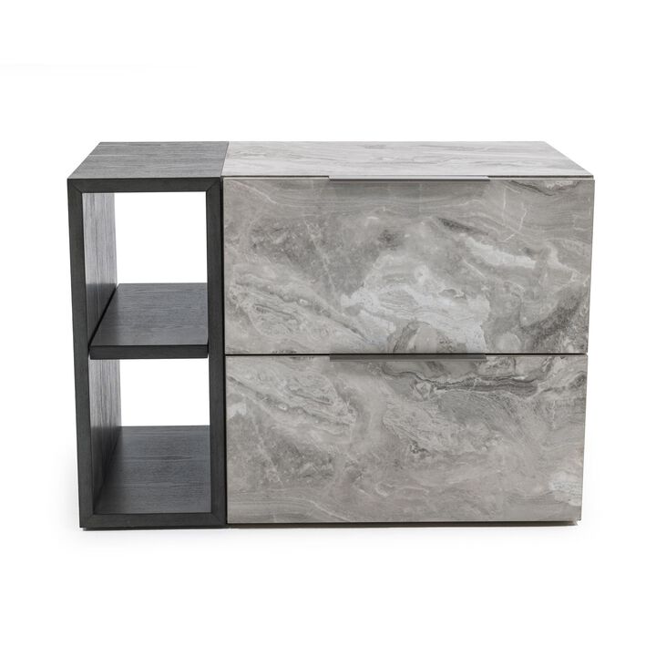 Noe Minn 26 Inch Nightstand, 2 Drawers, Faux Marble Front Panels, Gray - Benzara