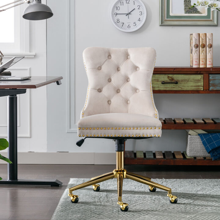 Office Chair,Velvet Upholstered Tufted Button Home Office Chair with Golden Metal Base,Adjustable Desk Chair Swivel Office Chair (Beige)