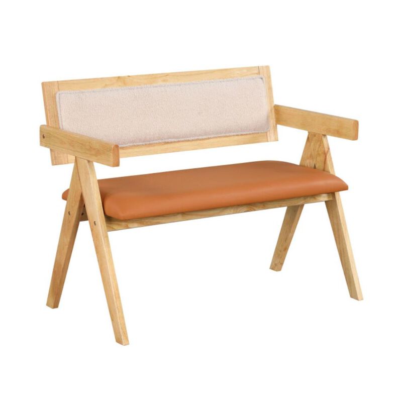 Hivvago Rubber Wood Dining Bench with Armrest Sherpa Upholstered Backrest and Soft-padded Seat