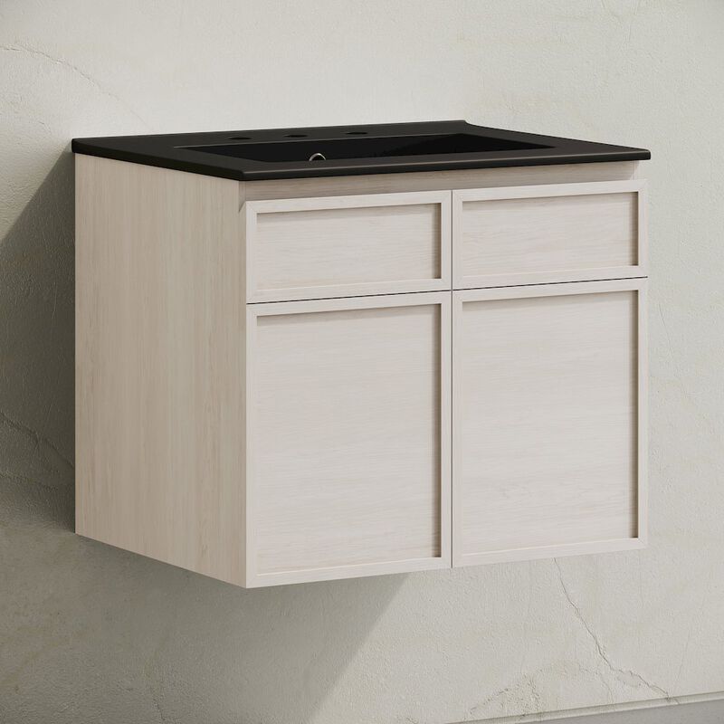 24" Wall-Mounted Bathroom Vanity in White Oak, Black 3-Hole Widespread Sink Top image number 1