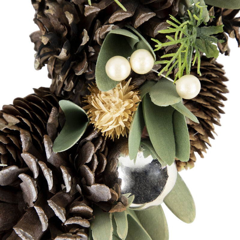 Silver and Green Mixed Foliage and Pinecone Christmas Wreath  13.5-Inch  Unlit image number 2