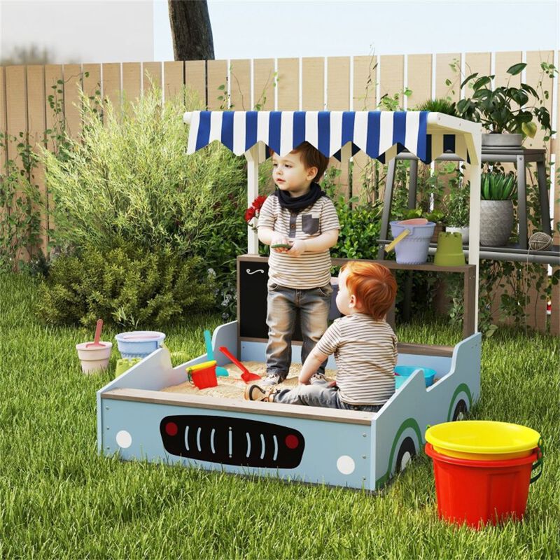 Wooden Kids Sandbox with Canopy and Toy Car Design-Light Blue image number 3
