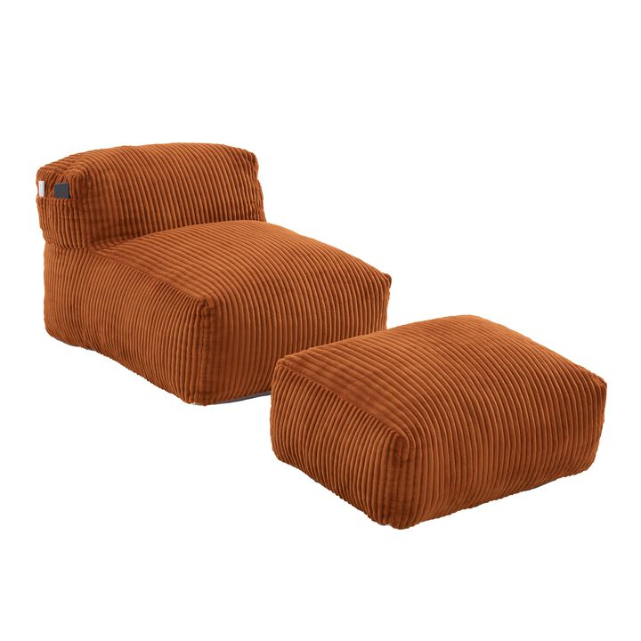 Large Bean Bag Chair for Adults with Ottoman, Soft Corduroy Bean Bag Sofa, Ergonomic Lounger for Living Room, Bedroom, Dorm & Balcony