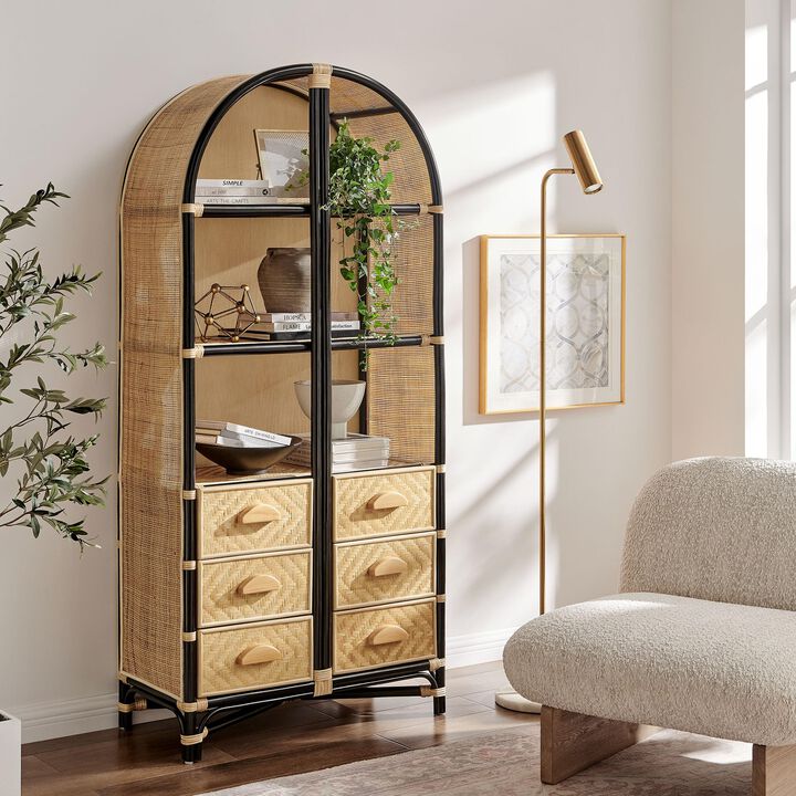 Modway Tall Arched 71 Inch Wood and Natural Rattan Bookcase with Storage in Natural Black &ndash; Tall Bookshelf Cabinet with 6 Drawers and 3 Open Shelves, for Living Room or Bathroom