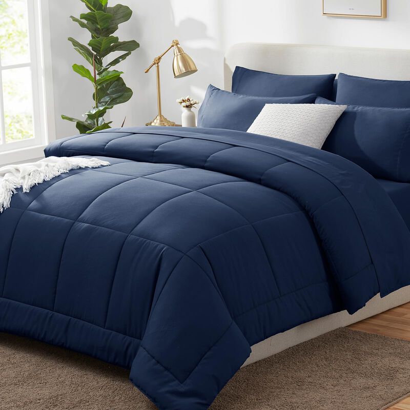 CozyLux Queen Comforter Set - 7 Pieces Bed in a Bag Set Navy Blue, Bedding Sets Queen with All Season Quilted Comforter, Flat Sh