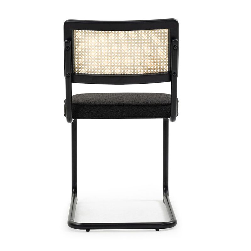 Glamour Home Set of 2 Black Boucle Fabric Dining Chair Rattan Backrest and Black Iron Legs