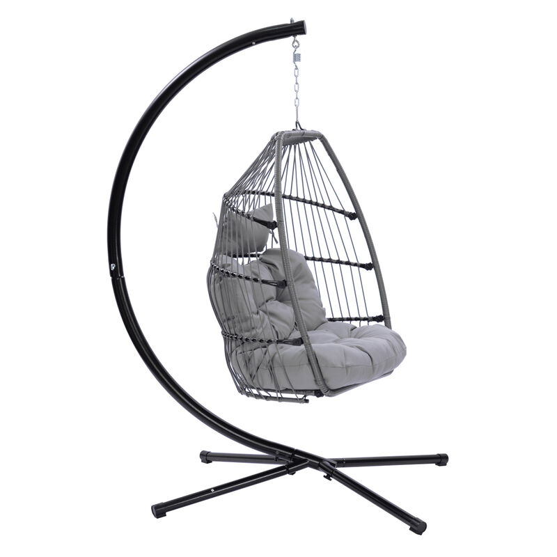 Outdoor Patio Wicker Folding Hanging Chair, Rattan Swing Hammock Egg Chair With C Type Bracket, With Cushion And Pillow
