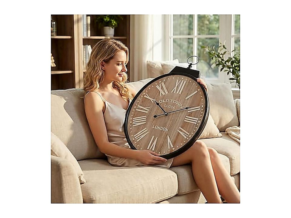 Large Oval Wall Clock 25 Inch Rustic Farmhouse Wood Decor Black Metal Frame 3D