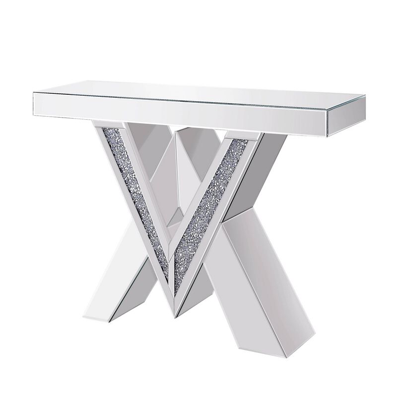 Wood and Mirror Console Table with Interlocking V Shape Base, Clear-Benzara