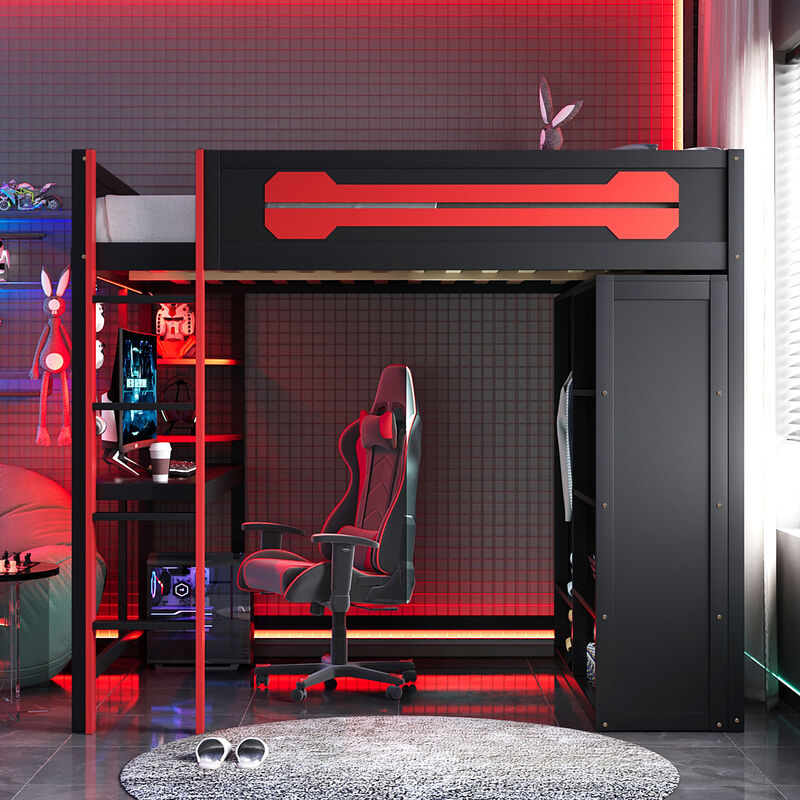 Merax Full Size Gaming Loft Bed with Desk, Wardrobe & RGB Lights image number 1