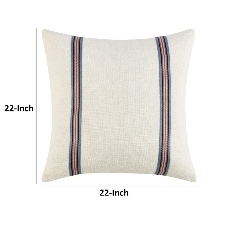 Throw Pillow, 22 Inch Polyester Tape Design, White Cotton Linen Blend - Benzara