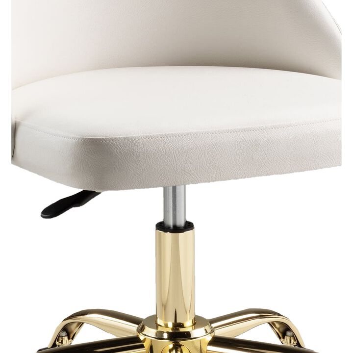 Yim 22 Inch Adjustable Swivel Office Chair, White Faux Leather, Gold Metal - Benzara