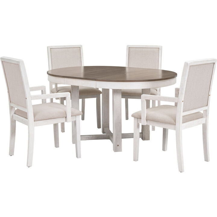 5-Piece Dining Table Set, Two-Size Round To Oval Extendable Butterfly Leaf Wood Dining Table and 4 Upholstered Dining Chairs with Armrests (Brown+White)