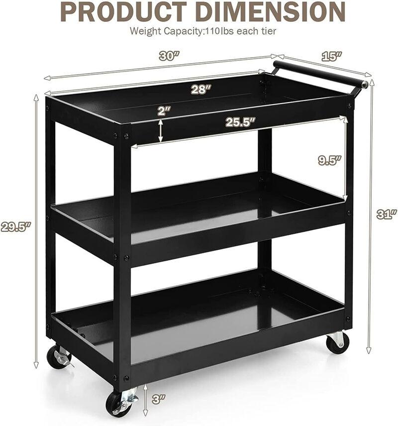 3-Tier Utility Cart Metal Mental Storage Service Trolley in Black