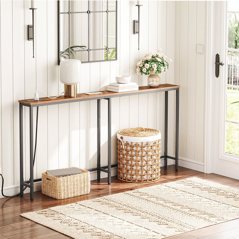Slim Console Table with Charging Station for Entryway and Living Room-Brown image number 3