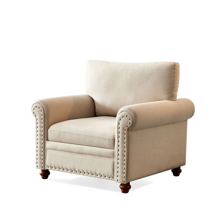 Living Room Sofa Single Seat Chair with Wood Leg Beige Fabric