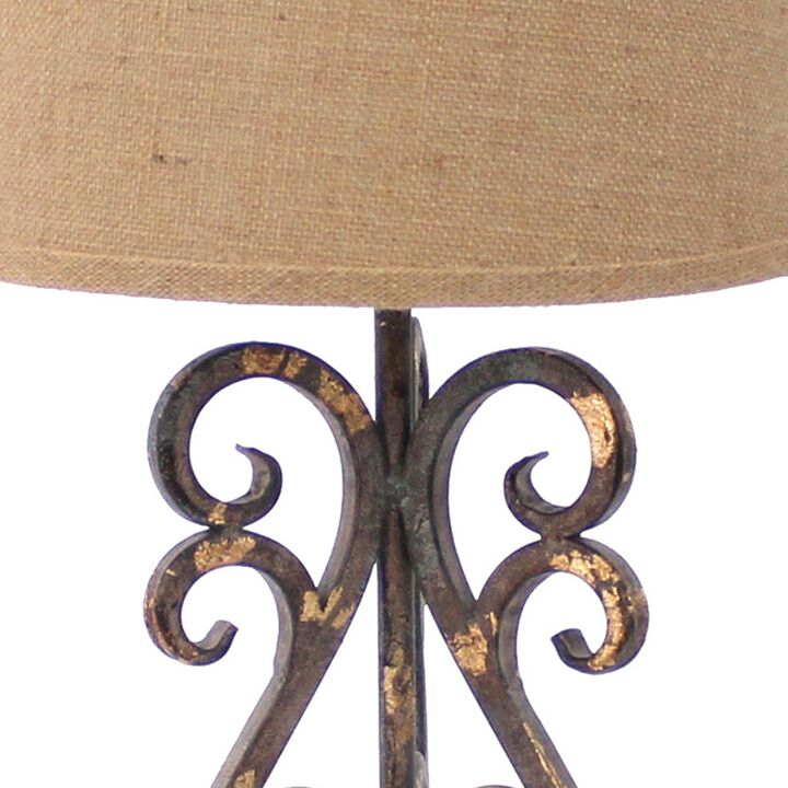 Metal Table Lamp with Scroll Design Base and 2 Way Switch,Bronze and Beige-Benzara