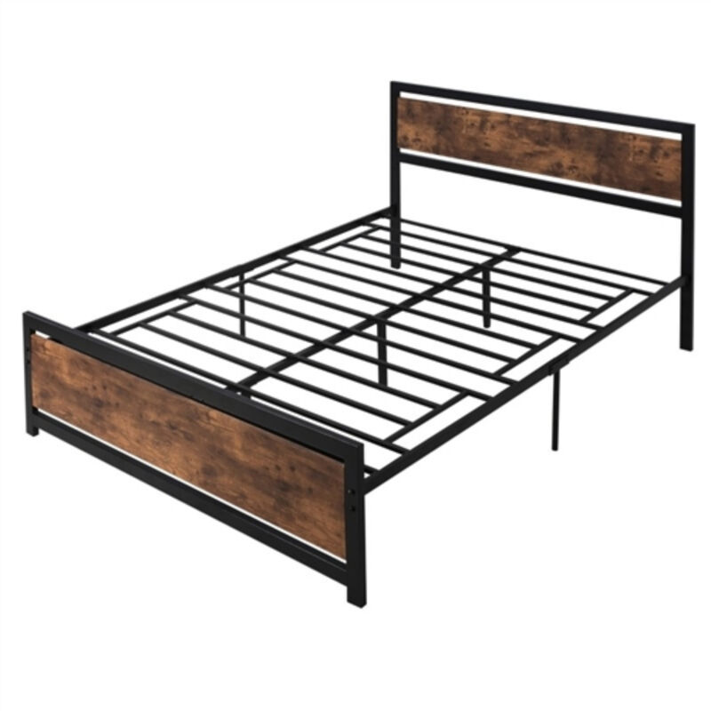 Rustic Farmhouse Metal and Wood Platform Bed – Headboard and Footboard with Strong Slat Support