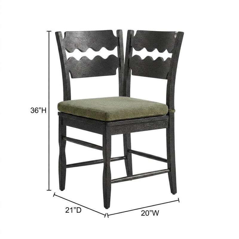 Oak Wood Dining Chair with Wavy Razor Back and Seat Cushion, Black Sage image number 2
