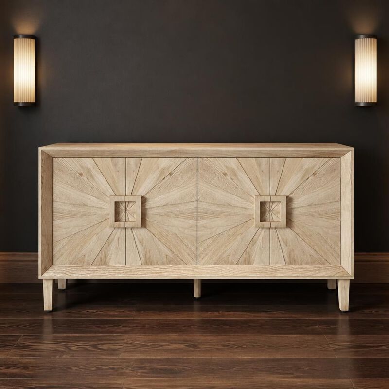 GOODSILO 60 Inch Rustic Farmhouse Credenza Storage Cabinet with Adjustable Shelves and Symmetrical Sunburst Door Design for Living Room Kitchen image number 3