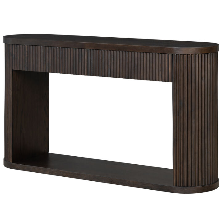 Merax Oval Fluted Rubber Wood Console Table with 2 Drawers & Open Bottom Shelf