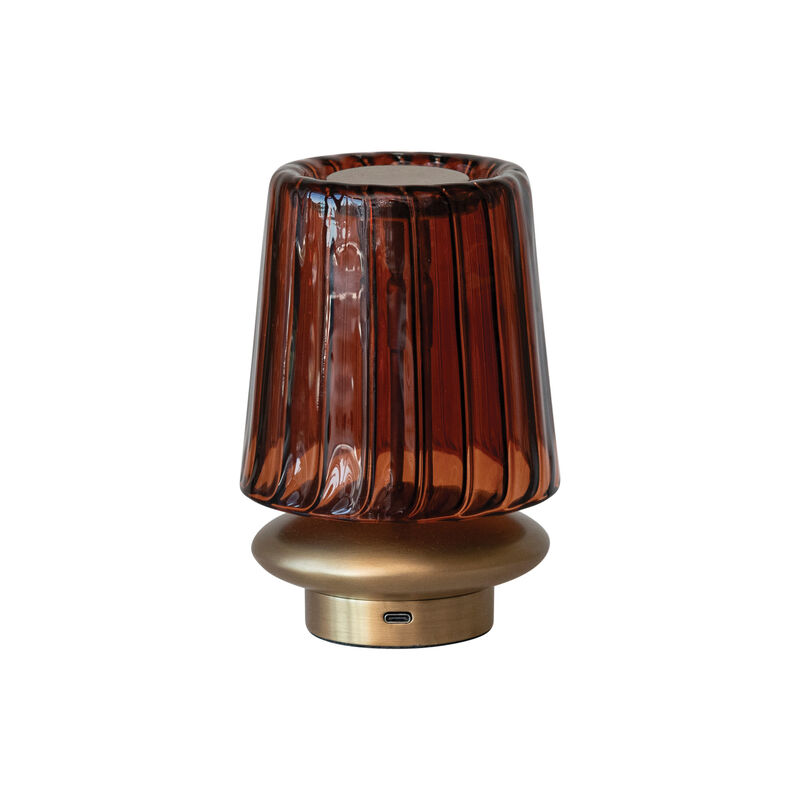 Reclaimed Glass and Metal LED Table Lamp with Touch Sensor and Pleated Design in Antique Brass Finish, Amber image number 0