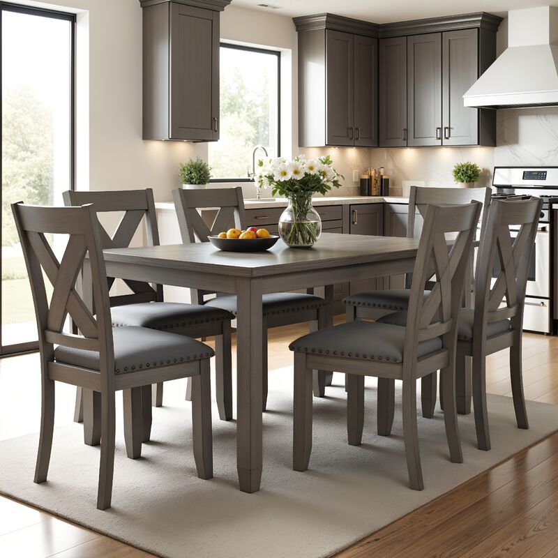 7 Piece Dining Table Set with 6 X-Back Chairs | Weathered Gray Wood | Padded Seats - Benzara
