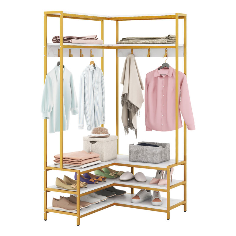 Corner Garment Rack with 7 Hooks, Open Shelves, and Shoe Bench for Entryway