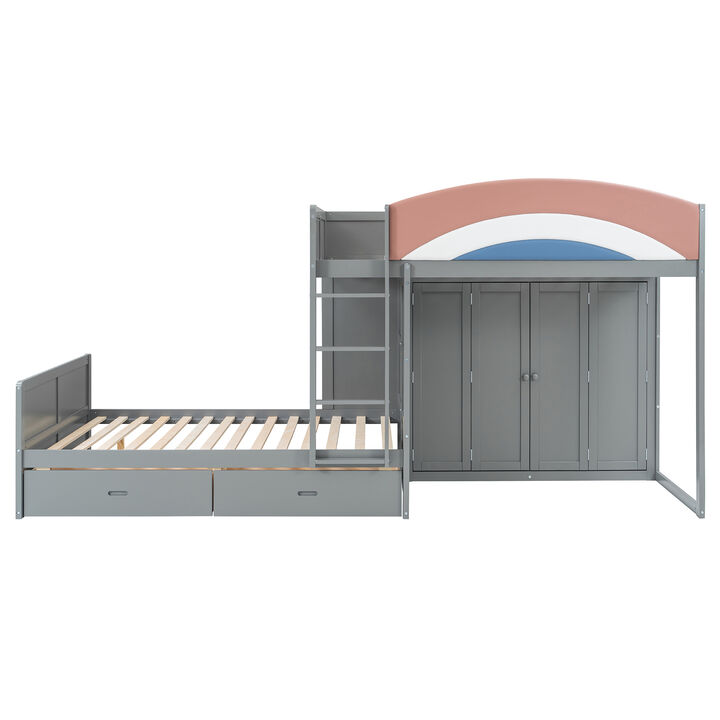 Whisen 136" Full Size Offset Bunk Bed with Wardrobe & 2 Drawers, Upholstered Guardrail, MDF Plywood Space Saving Loft Bed for Kids Bedroom