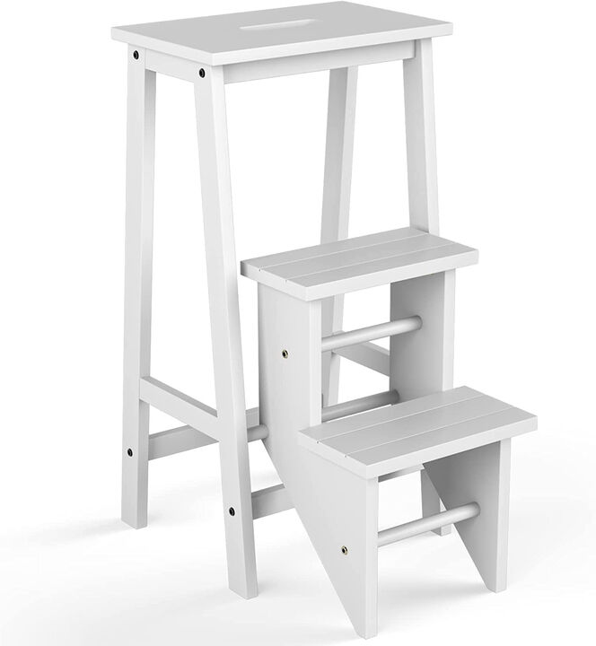 Rubber Wood Folding Ladder Step Stool with 3 Storage Tiers