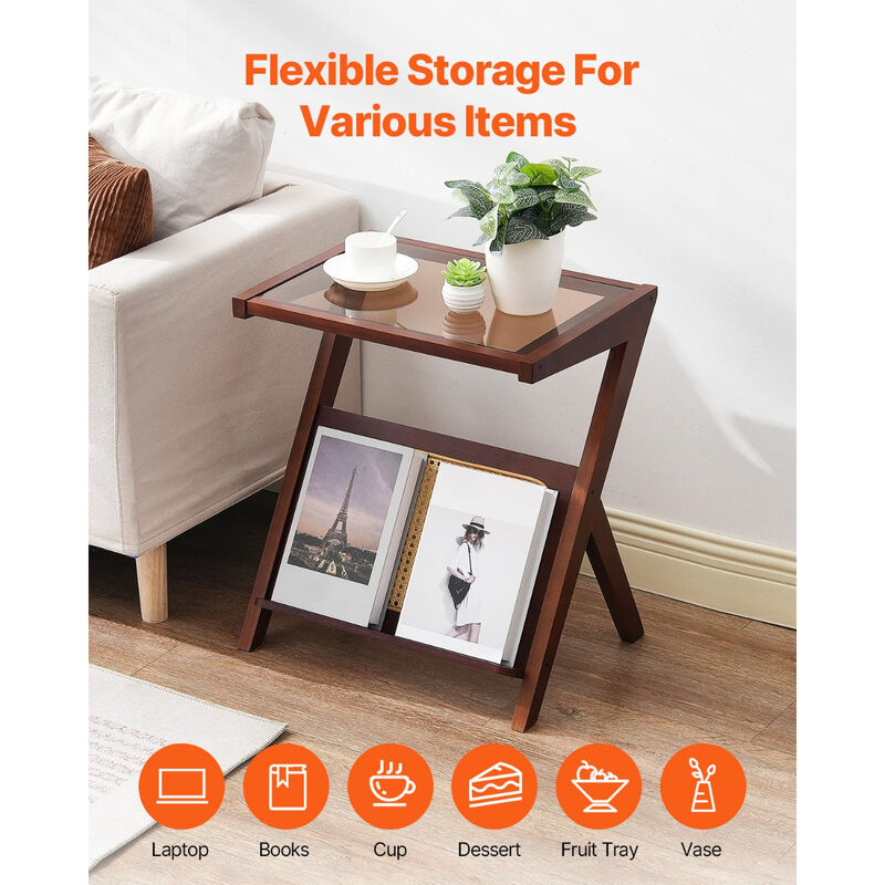 Z-Shaped Rattan Woven Wicker End Table with Tempered Glass Top